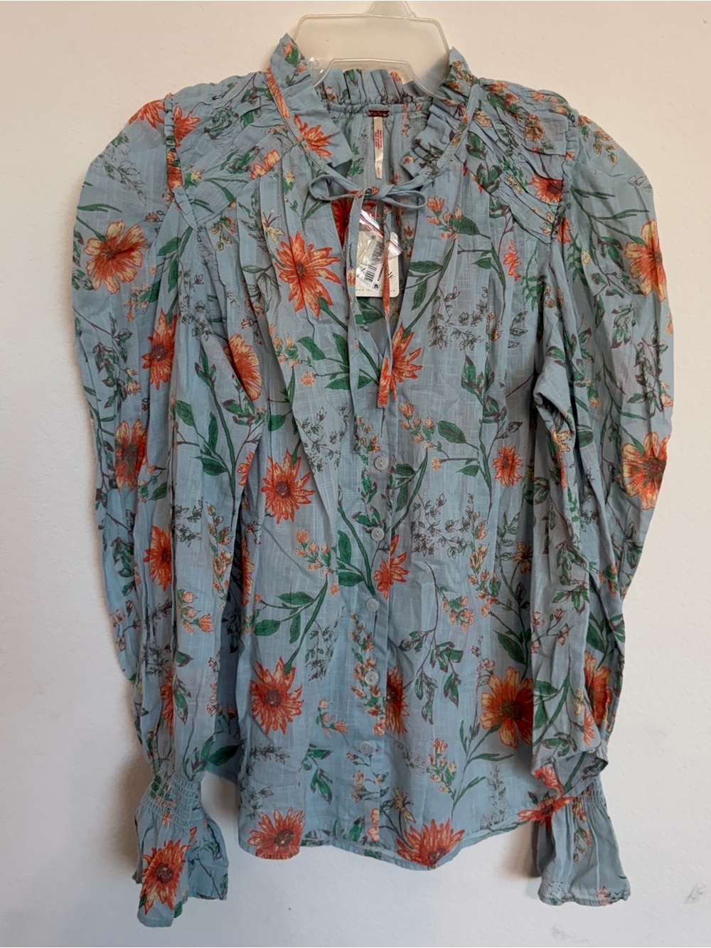 Free People Light Blue Floral Tie-Neck Blouse Small